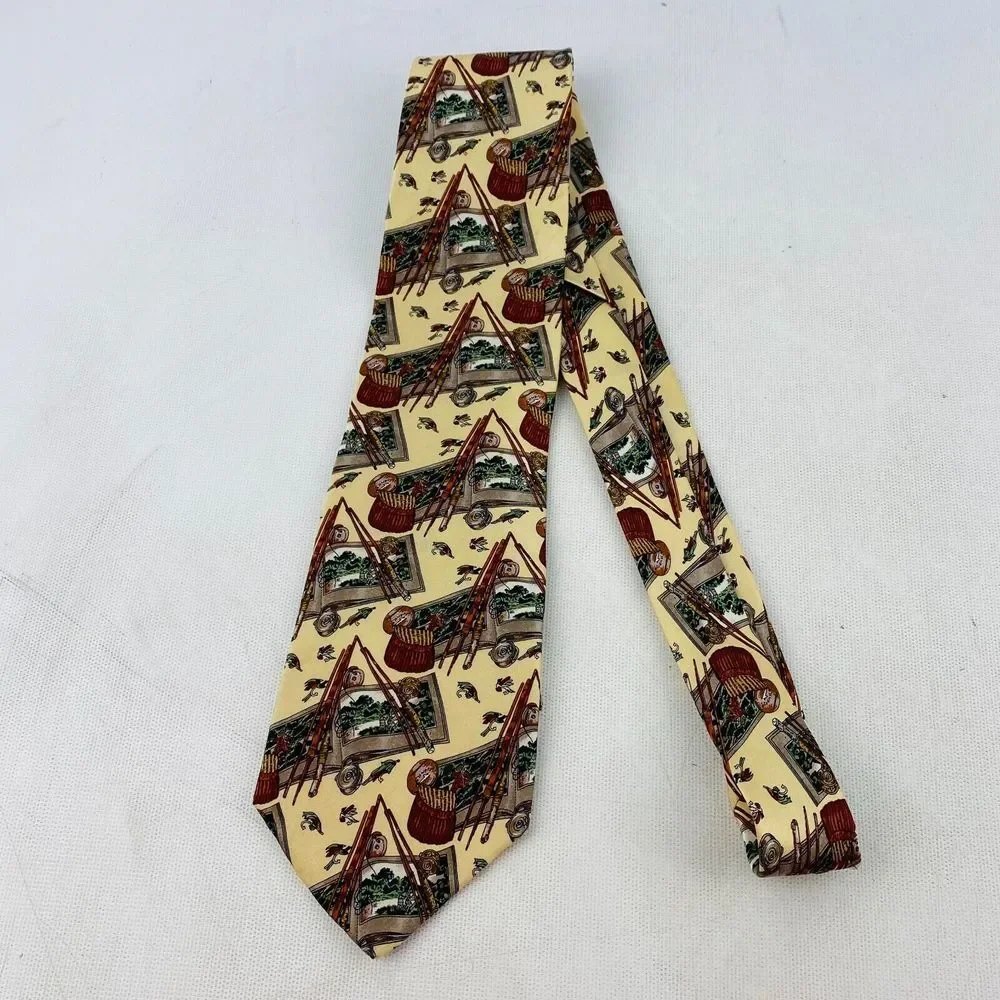 Museum Artifacts Fly Fishing Tie 100% Silk‎ Necktie Basket Rod Reel Lures